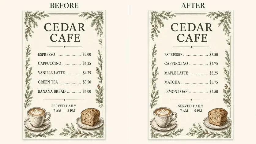 Finished menu image used to compare chat-based editing with template design
