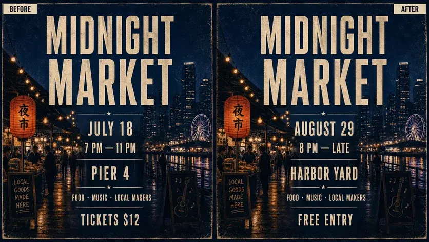 Poster before and after its date, venue, and entry copy are updated