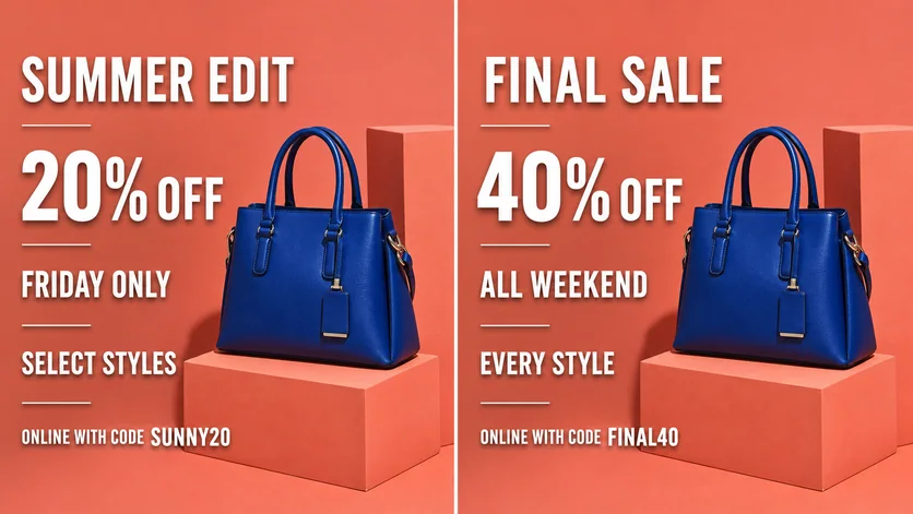 Promotional image before and after its sale text is changed