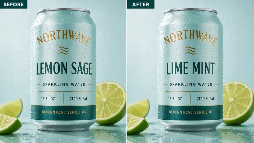 Product packaging before and after its label text changes